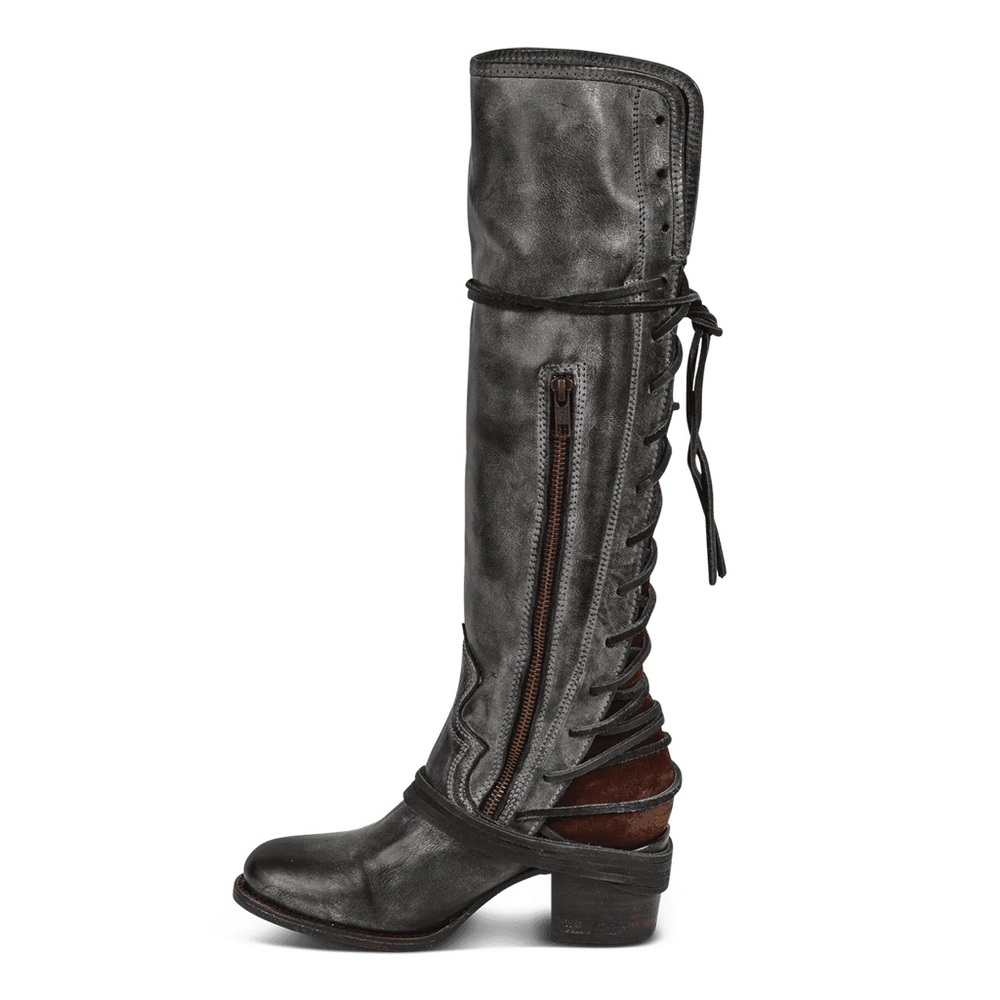 Freebird by Steven Tall Lace-Up Boots in Charcoal Gray with Burgundy Accent